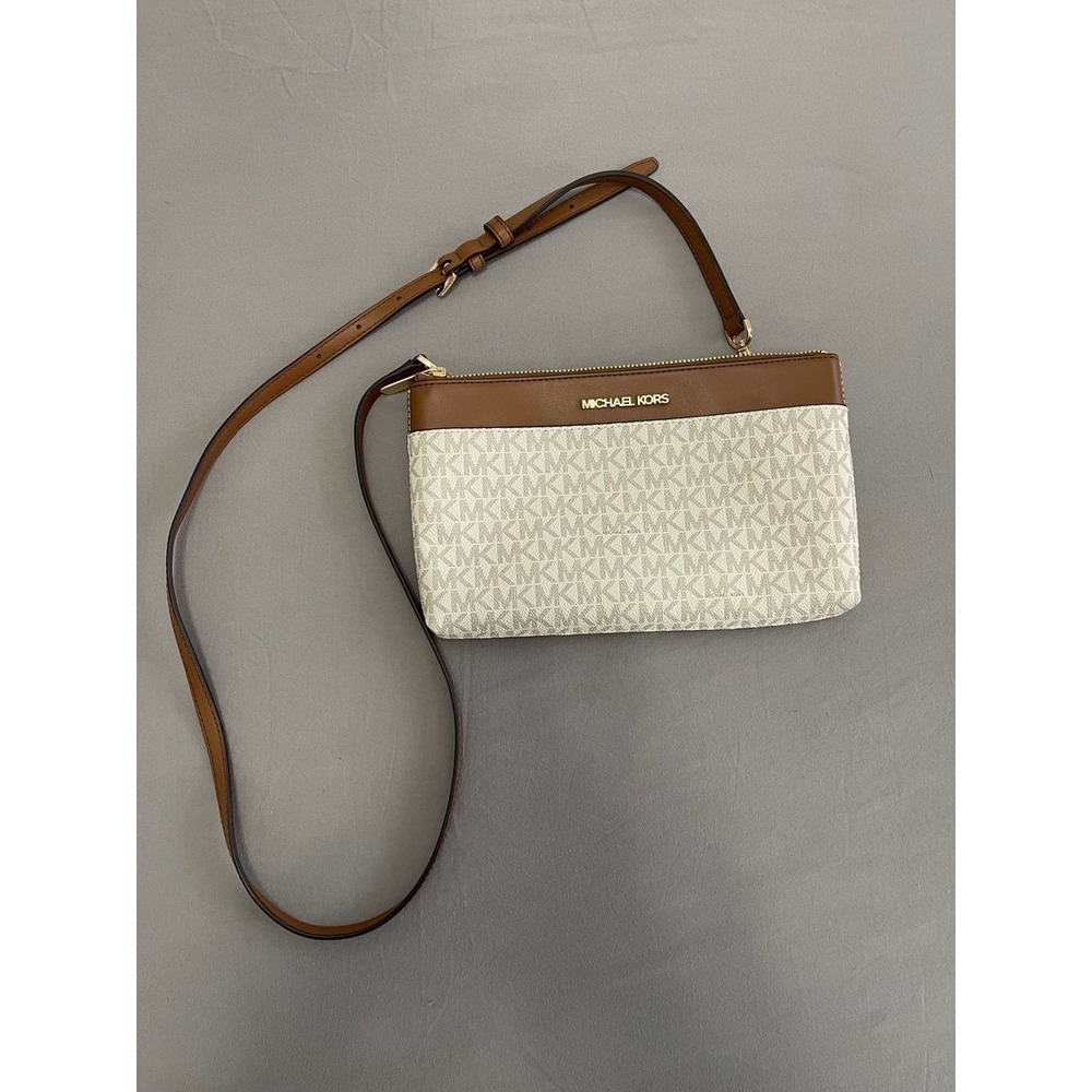 Michael Kors Jet Set Large East West Crossbody Bag Cream Brown Logo Print